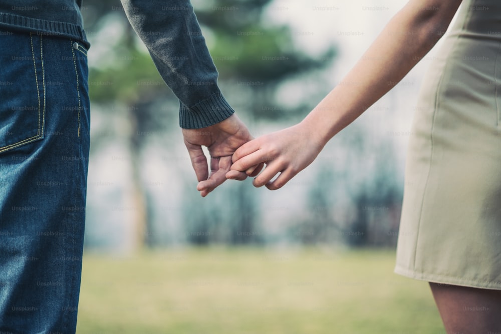 Nahaufnahme eines jungen Paares, das Händchen hält, während es im Park spazieren geht. Das Foto ist leicht getönt und wenig Rauschen hinzugefügt. Blick von hinten.