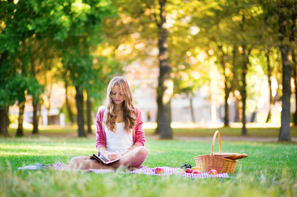 Girl having a picnic and writing in her diary