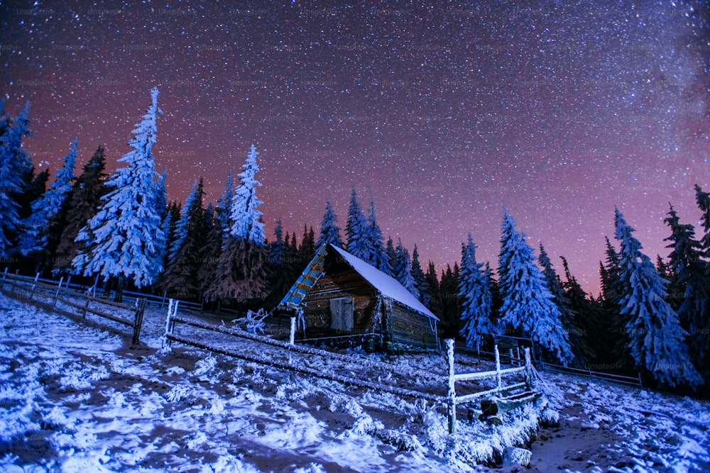 Cabin in the mountains. Fantastic winter meteor rain and snowy mountains. Carpathian, Ukraine, Europe.