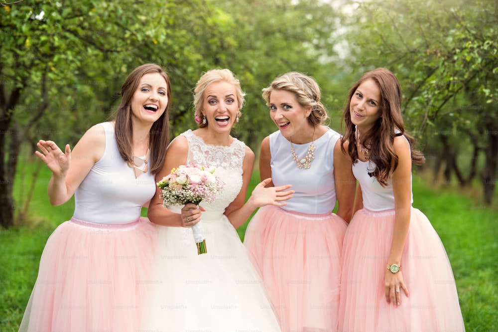 Beautiful young bride with her bridesmaids outside in nature