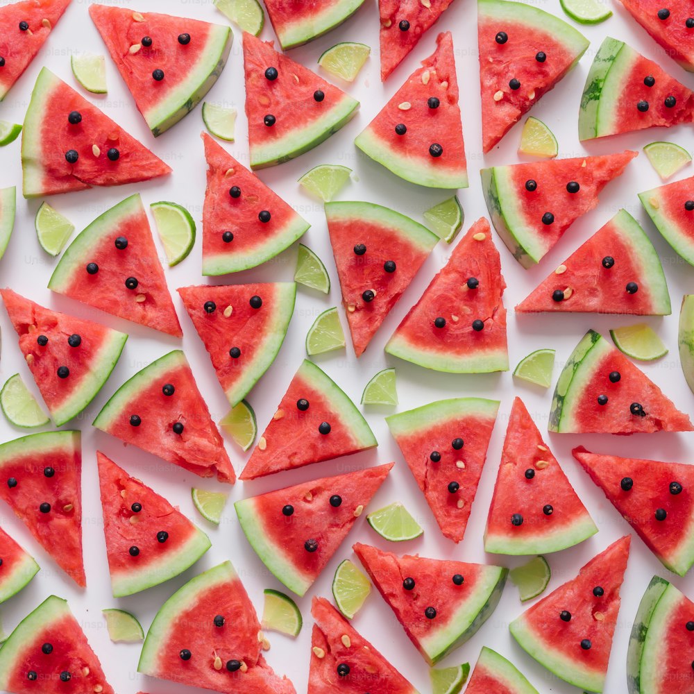 Watermelon and lime slices pattern. Flat lay. Summer concept.