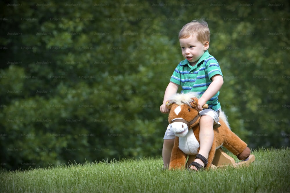 Un niño pequeño sentado encima de un caballo de peluche