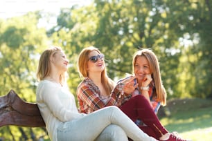 Three friends sitting on a park bench, chatting and enjoying the sunny day