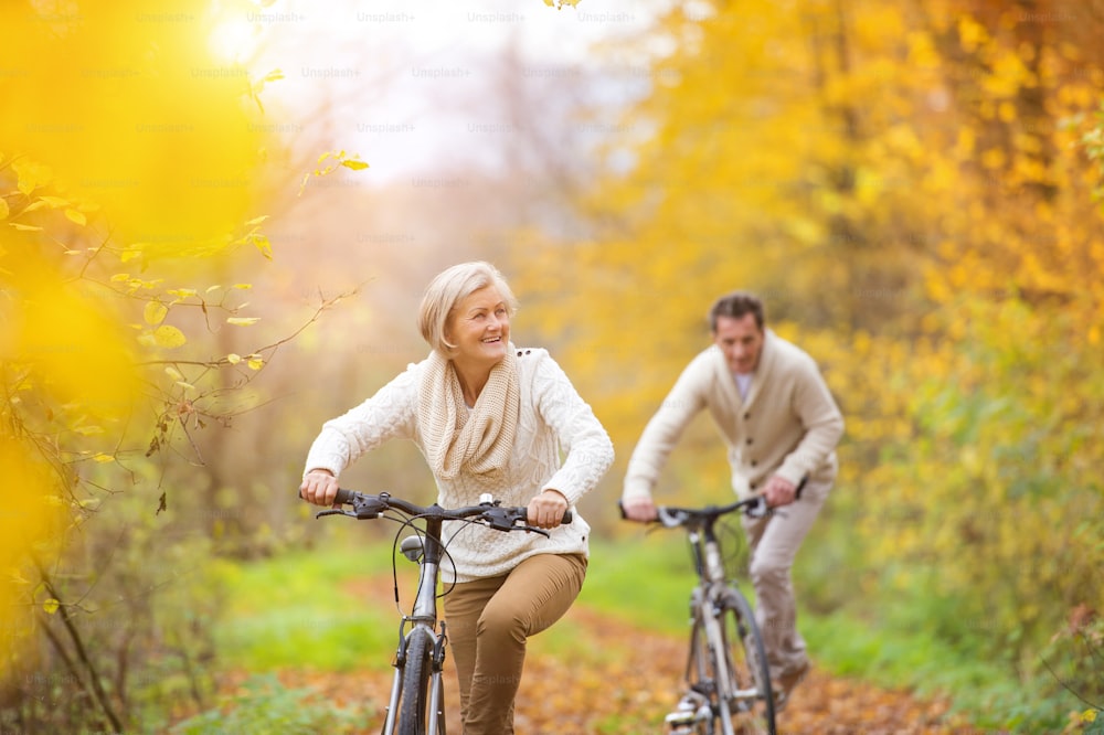 Active seniors riding bikes in autumn nature. They having romantic time outdoor.