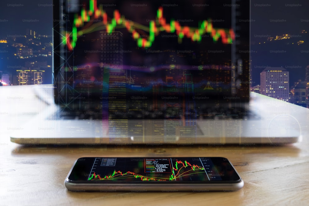 Stock market chart, Stock market data on smartphone display concept with double exposure city scape hong kong blur background. selective focus.