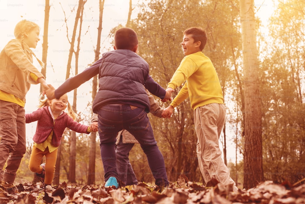 Groupe de cinq personnes s’amusant dans le parc d’automne.