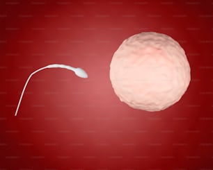 Imagem do renderizador 3D. Espermatozoides indo para o óvulo.  Fecundação. Conceito de inseminação.