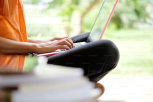 Giovane donna che usa il computer. Istruzione, apprendimento o lavoro freelance, all'aperto o concetto di relax, idea, sfondo.