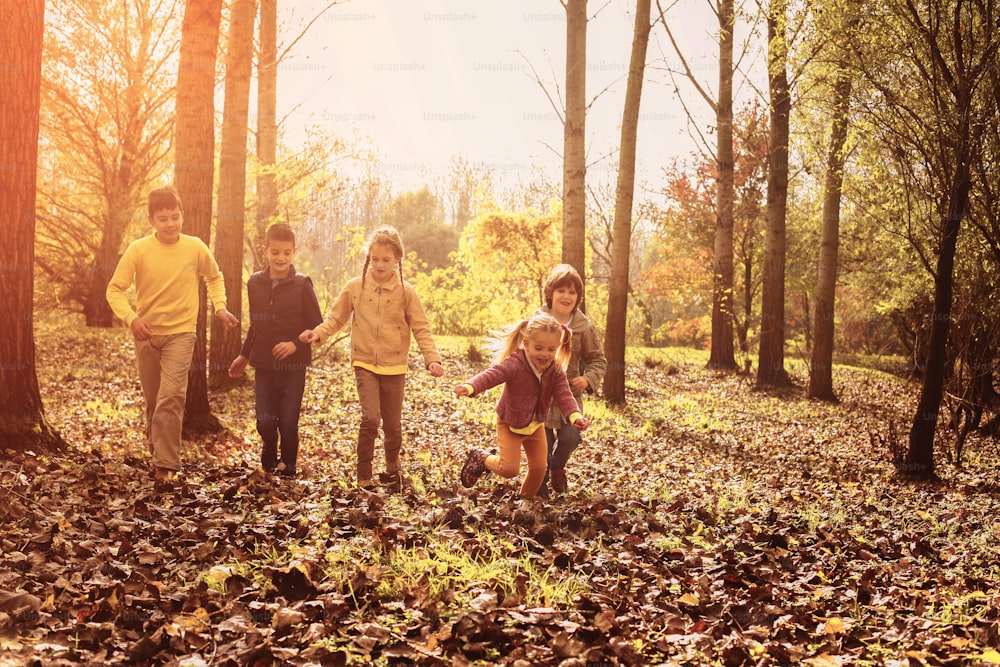 Gran grupo de niños corriendo en el parque. Temporada de otoño.