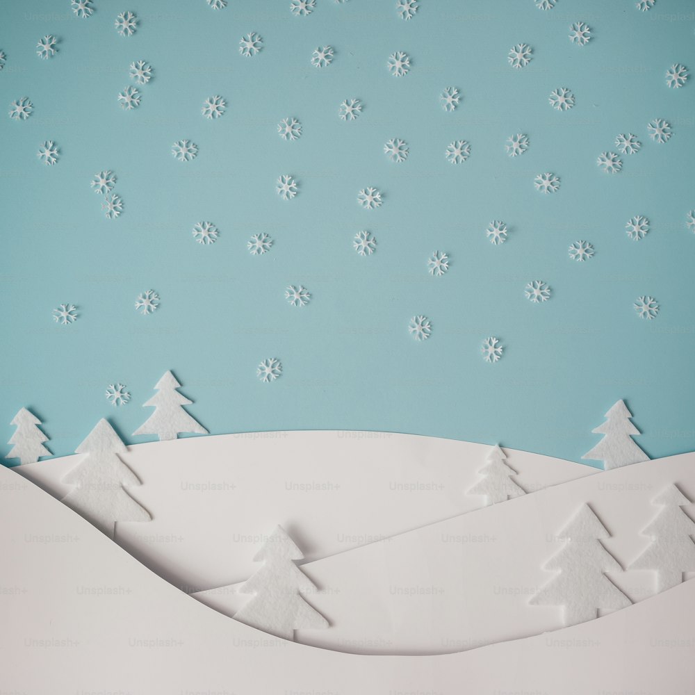 Christmas winter landscape with snow and christmas trees. Flat lay. Holiday concept.