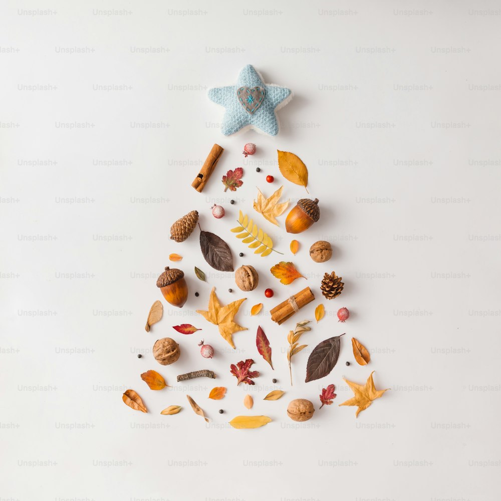 Christmas tree made of various autumn leaves and fruits. Flat lay. New year concept.