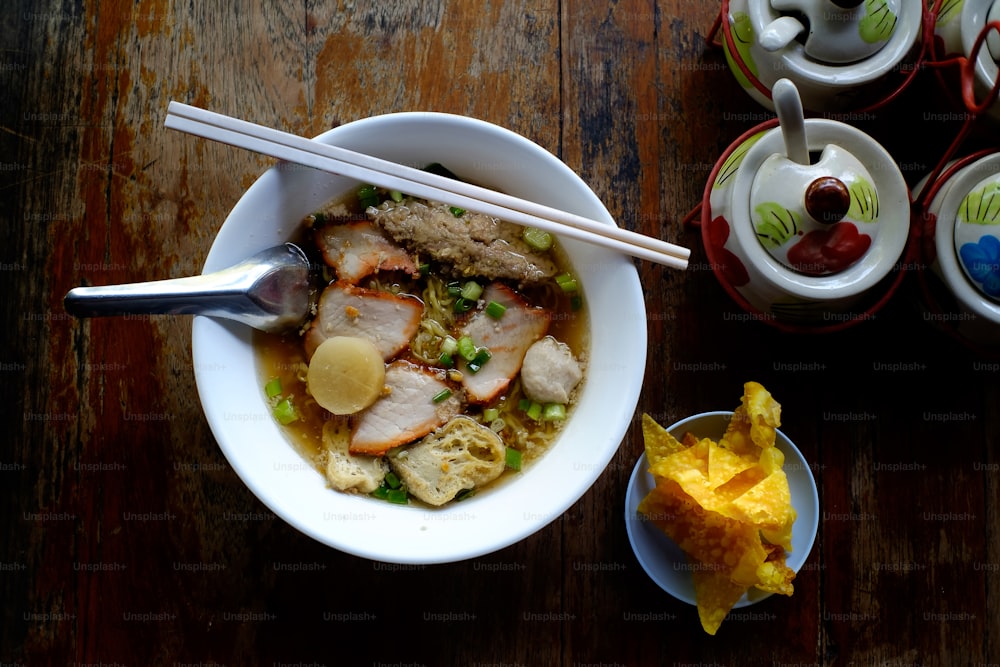 chinese noodles on wood table.