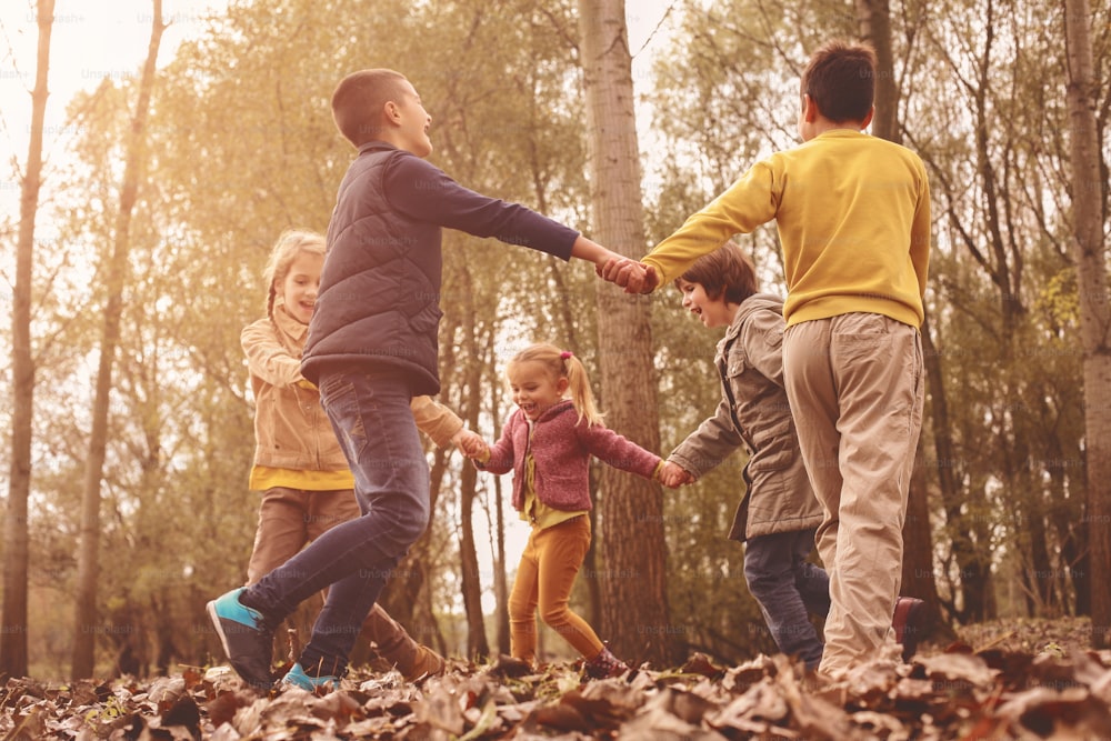 Group of a five people having fun in the autumn park.