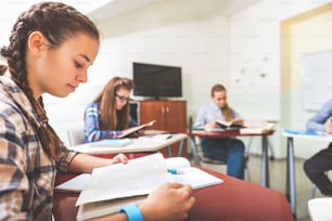 Teenagers at room. Focus on concentrated young female person. She is sitting at desk and absorbedly reading