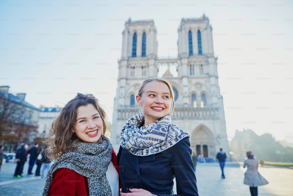 Two young girls walking together in Paris near Notre-Dame cathedral. Tourism or friendship concept