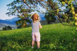 Little cute girl with a wreath on his head in the garden near the tree