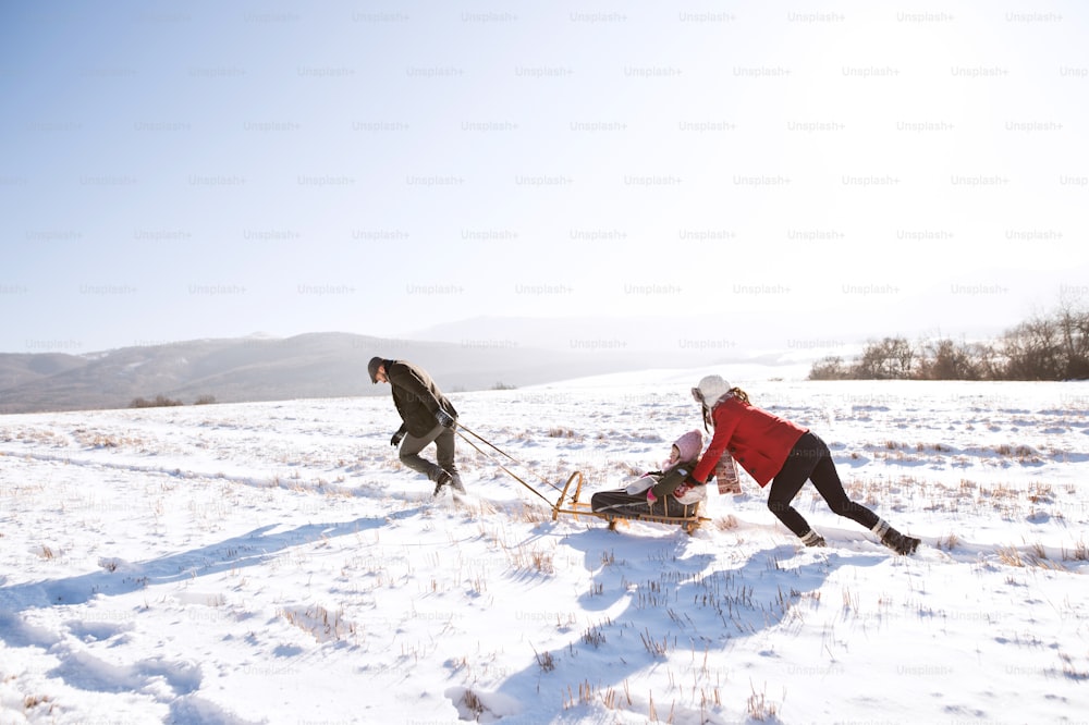 Mother pushing daughter on sledge, father pulling her. Beautiful family in sunny winter nature.