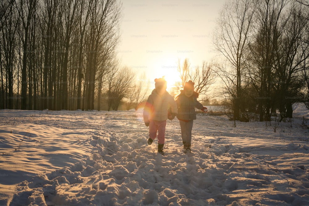 Zwei süße kleine Mädchen, die Händchen halten und während der Wintersaison laufen.