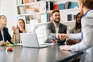 Business, people shaking hands to great each other