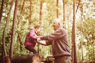 Glückliche Enkelin, die mit ihrem Großvater spielt.