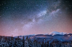 幻想的な冬の流星群と雪をかぶった山々。カルパチア。ウクライナ、ヨーロッパ