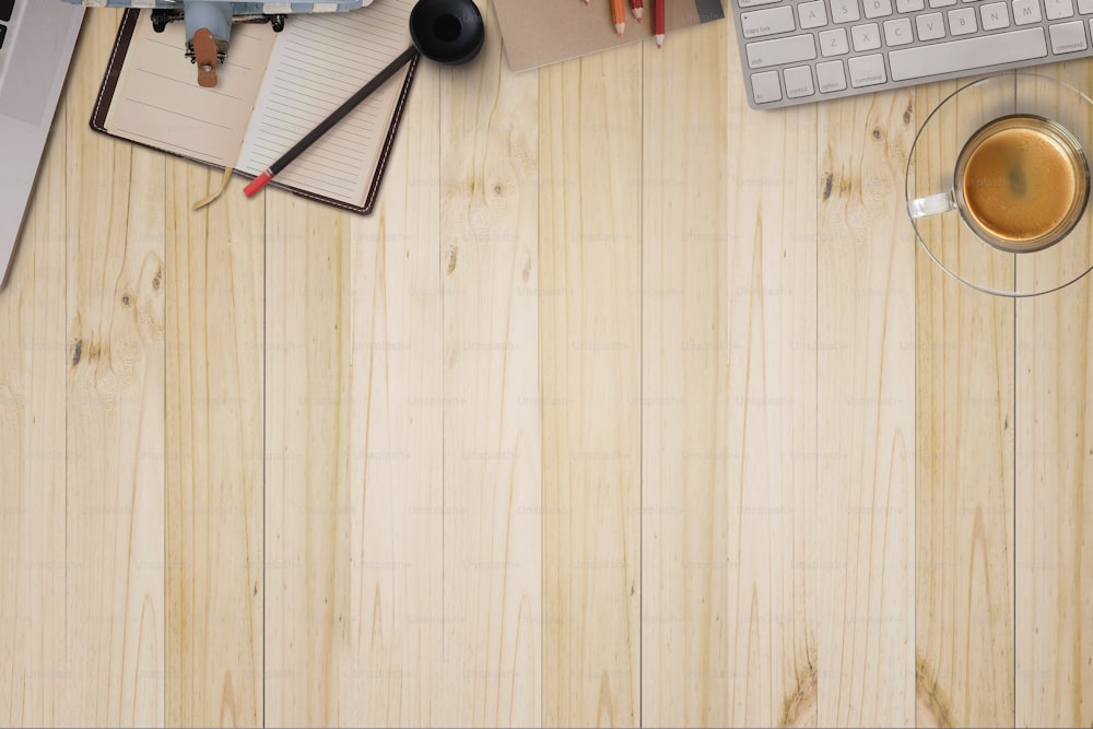 Workplace header image, Top view of Modern Desktop Computer on wood desk in office.