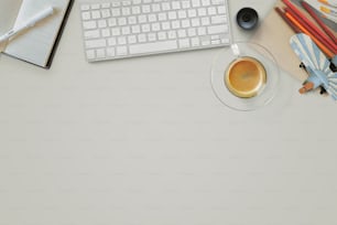 pastel office desk table with pc computer ,coffee and office gadget . Top view with copy space, flat lay or hero header concept.