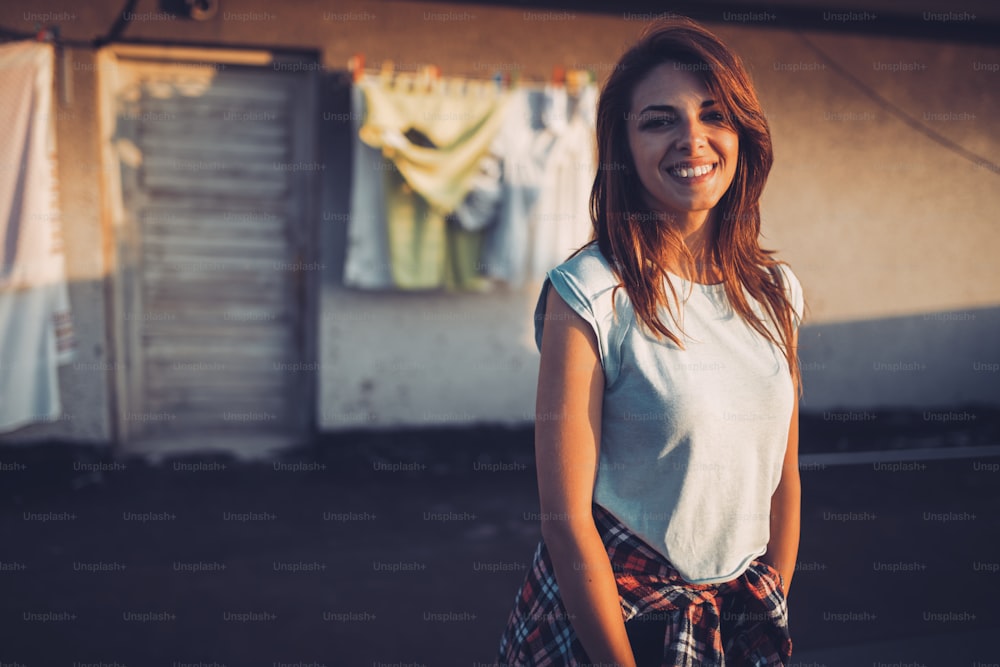 Portrait of young beautiful brunette girl with nice smile