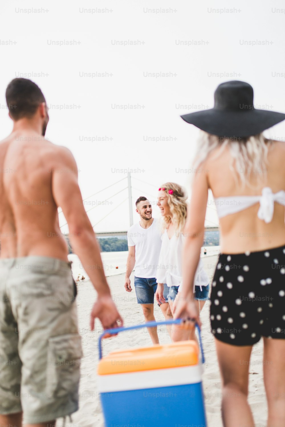 Group of attractive young people enjoying holiday beach fun.