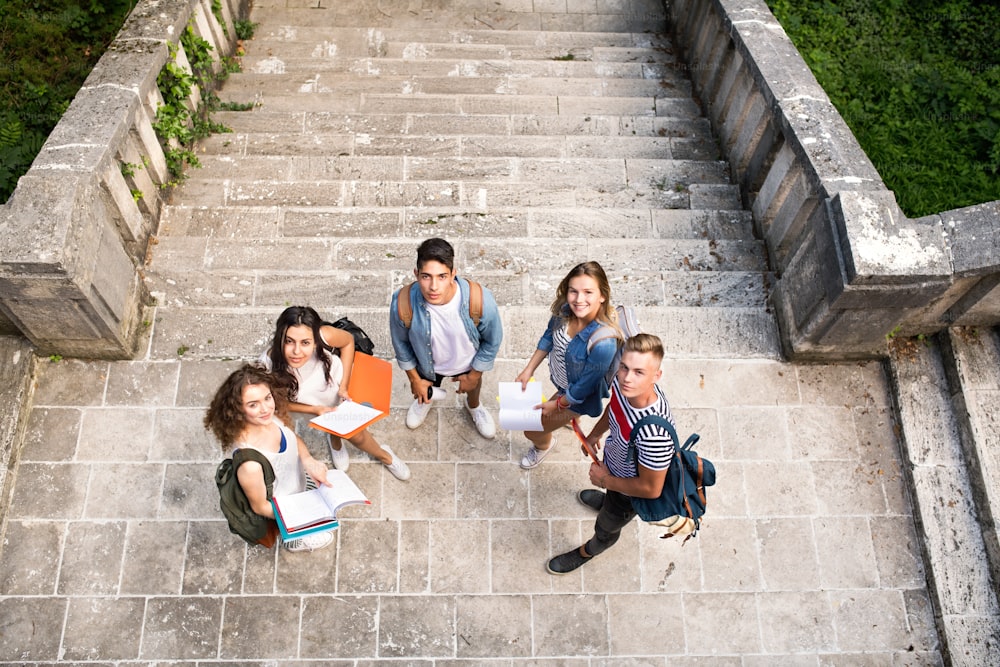 Group of attractive teenage students at the stone steps in front of university.