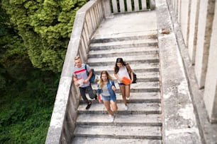Group of attractive teenage students walking on stone steps in front of university.