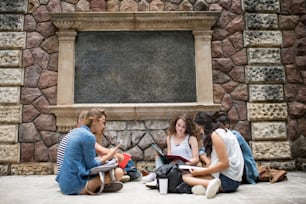 Grupo de atractivos estudiantes adolescentes sentados en el suelo frente a la antigua universidad estudiando.