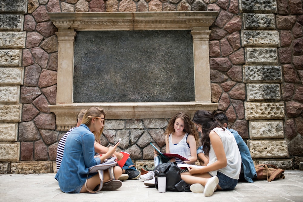 Group of attractive teenage students sitting on the ground in front of old university studying.