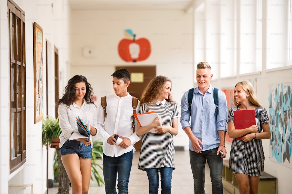 Group attractive teenage students walking in high school hall, talking together.