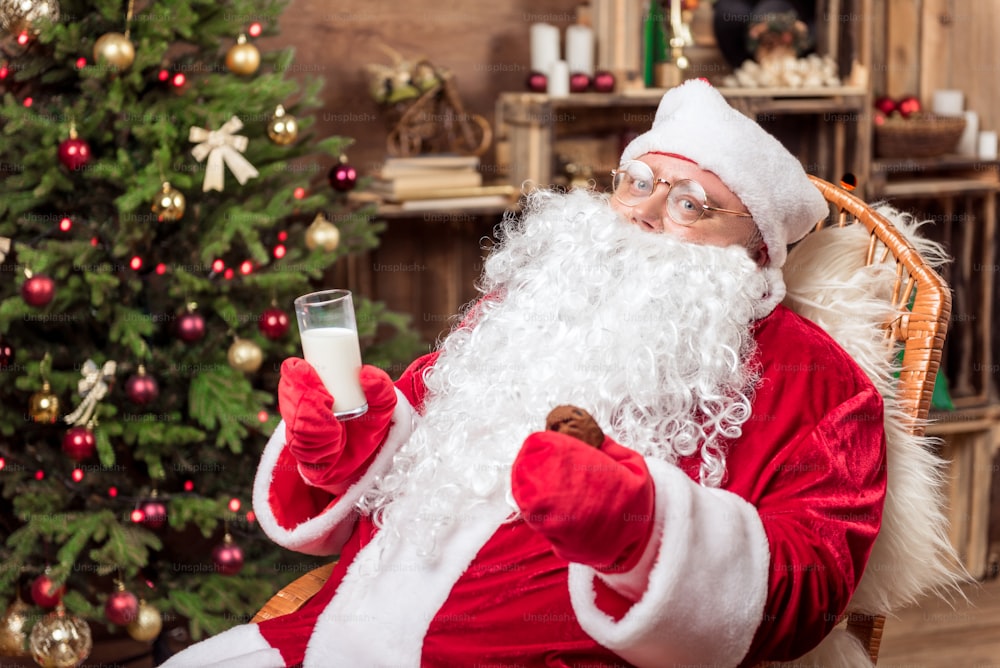 Porträt des glücklichen Weihnachtsmannes, der sich auf einem bequemen Sessel entspannt. Er hält ein Glas Milch und Kekse in der Hand. Weihnachtsbaum im Hintergrund