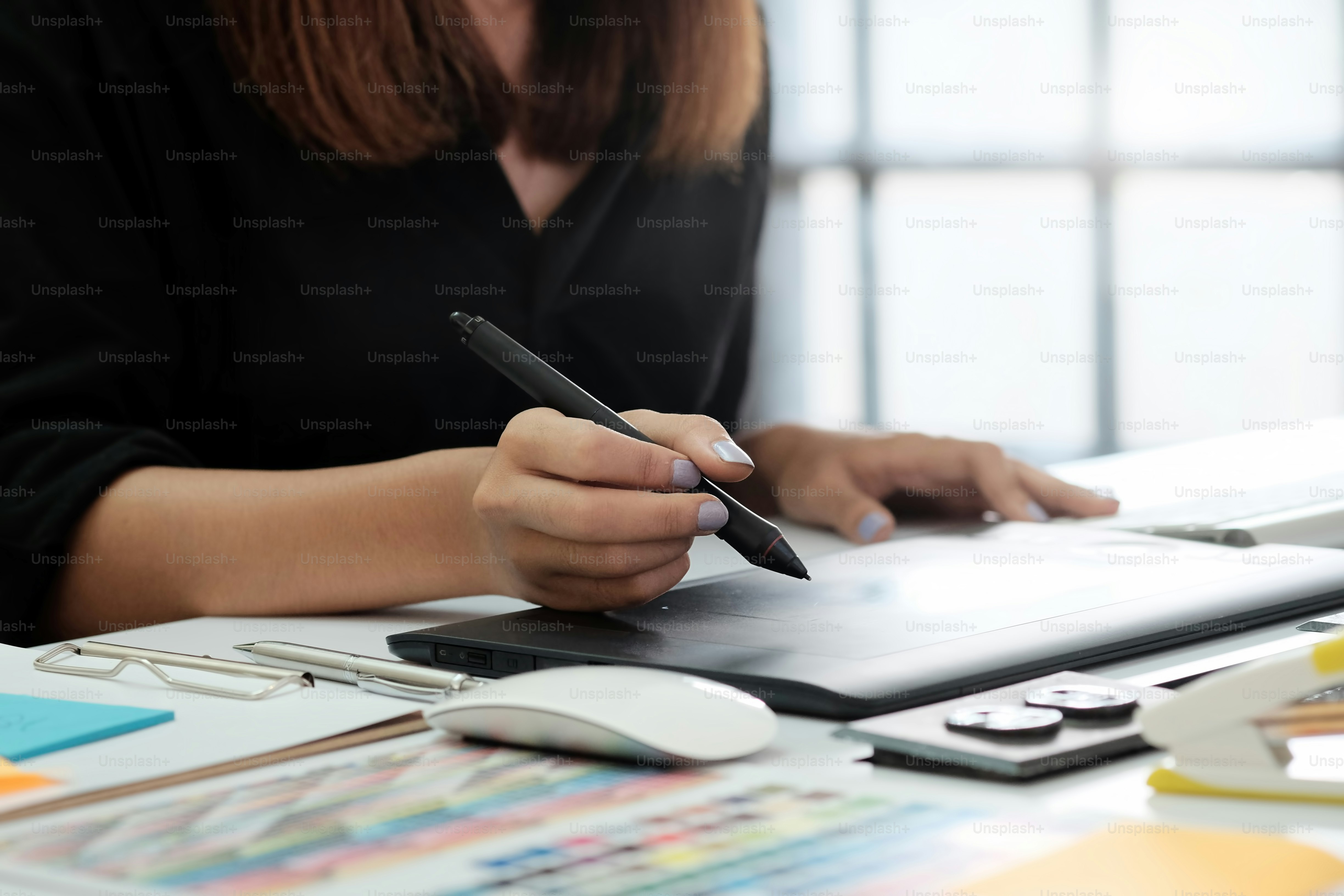 Graphic designer woman working on creative office with create graphic ...