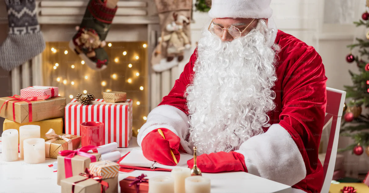 Portrait of serious Santa Claus is making notes in his writing-pad. He ...