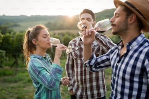 Gente feliz degustando vino en el viñedo