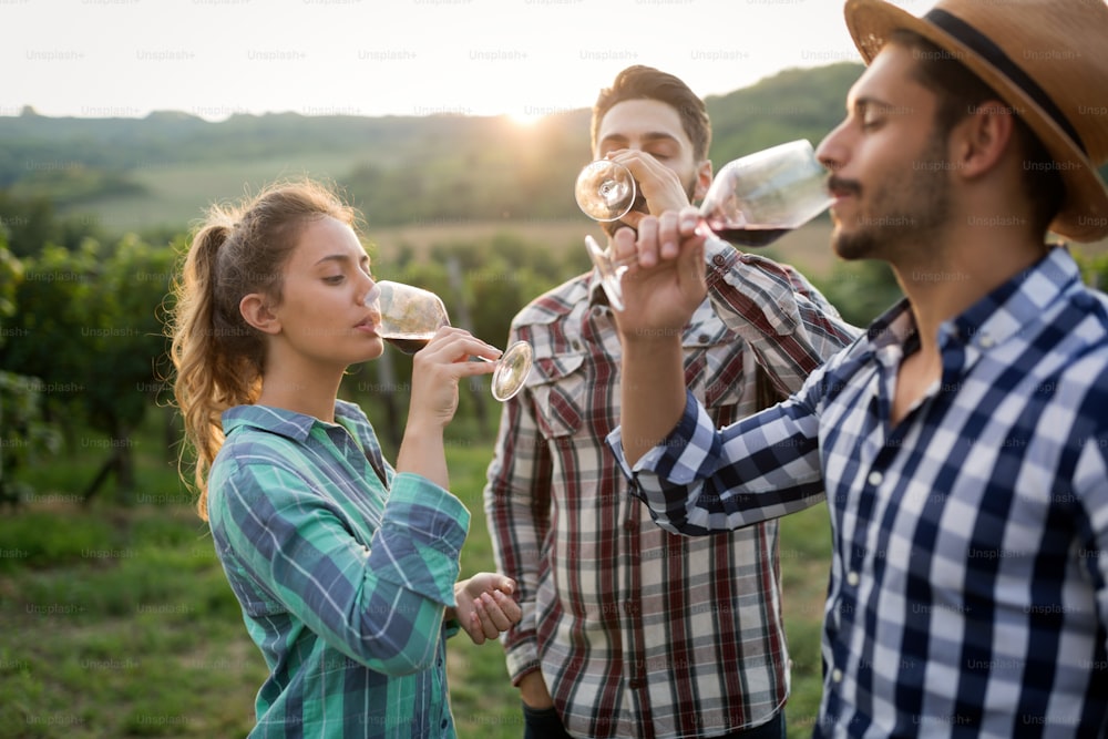 Happy people tasting wine in vineyard