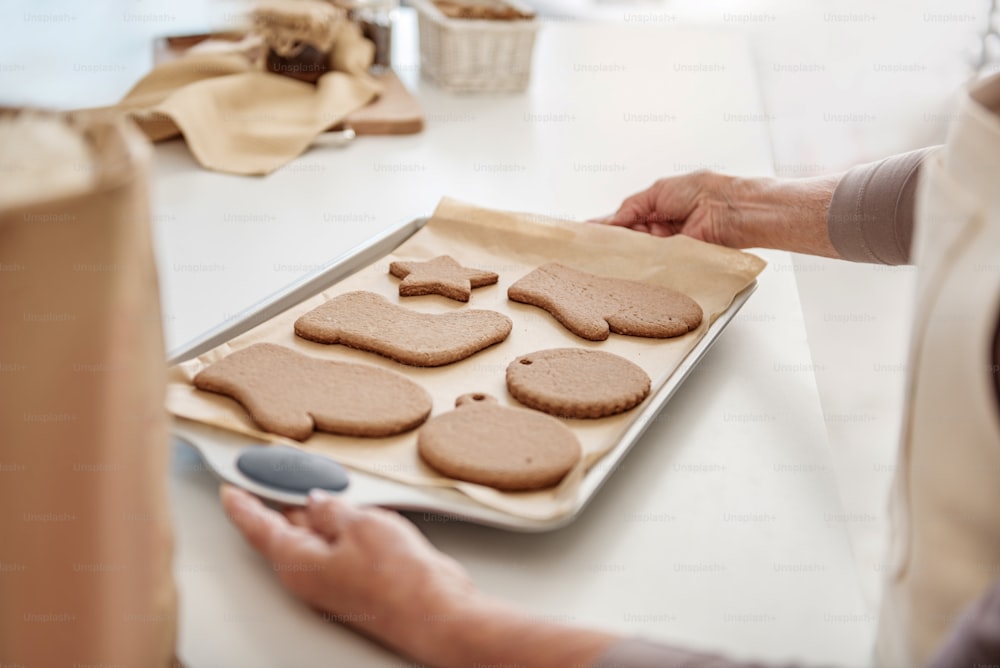 Gros plan de mains ridées féminines portant un plateau avec des biscuits de Noël fraîchement cuits au four de différentes formes