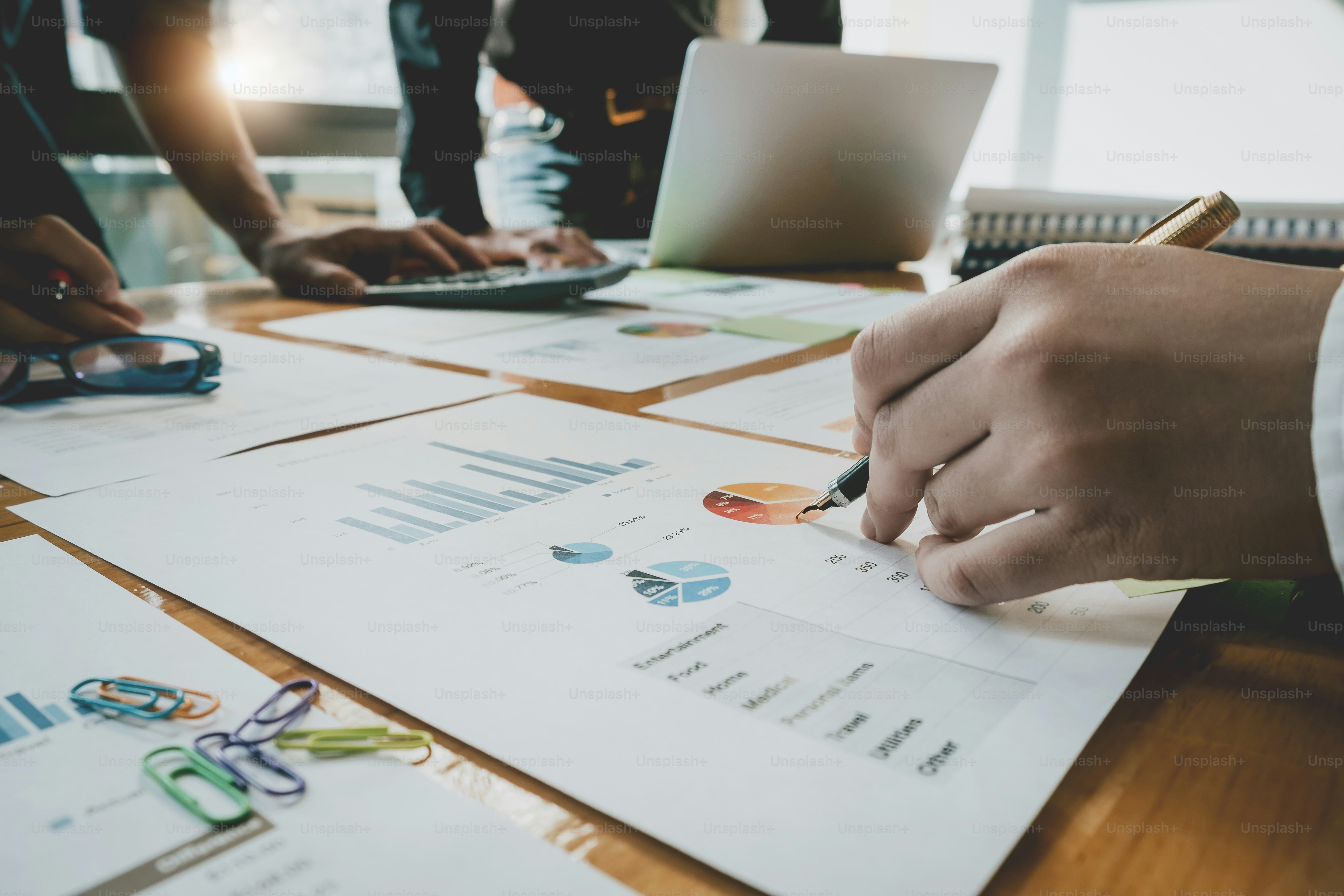 Business team meeting. Photo professional investor working new start up project with financial document. Finance task. Business team discuss concept