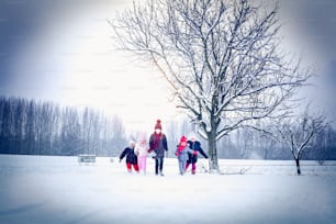 Five children playing together in snow. Space for copy.