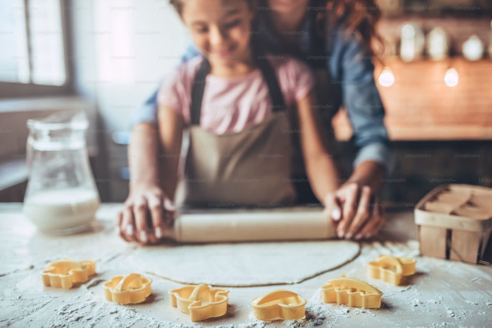 Cropped image of attractive young woman and her little cute daughter are cooking on kitchen. Having fun together while making cakes and cookies.
