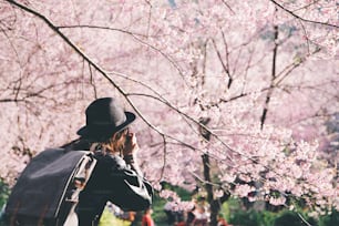 Bella ragazza viaggiatrice Luoghi da visitare a Chiang Mai Thailandia scatta una foto con fiore di ciliegio rosa