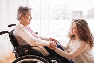 A teenage girl with grandmother in wheelchair at home, holding hands. Family and generations concept.