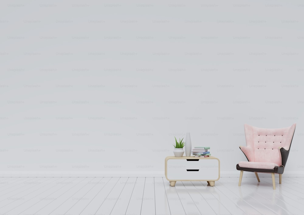 Interior has room a armchair and Cabinet book on empty white wall background,3D rendering