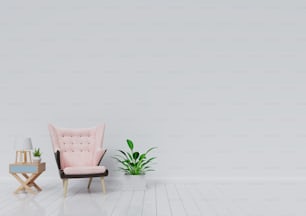 The interior has room a armchair and Cabinet on empty white wall background,3D rendering