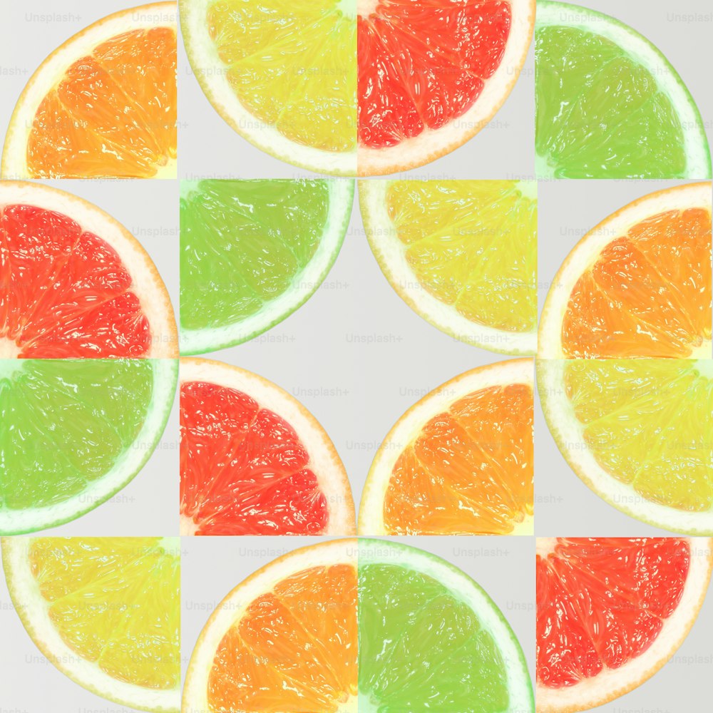 Slices of orange, lemon, grapefruit and lime on bright background. Minimal summer concept. Flat lay.