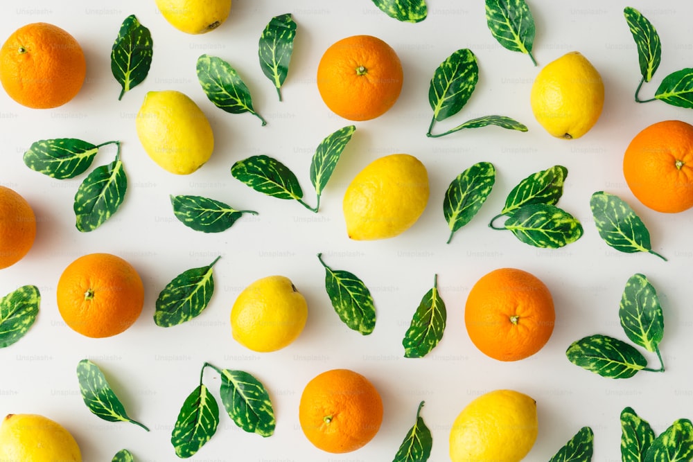 Padrão criativo de verão feito de laranjas, limões e folhas verdes em fundo brilhante. Conceito minimalista de frutas. Flat lay.
