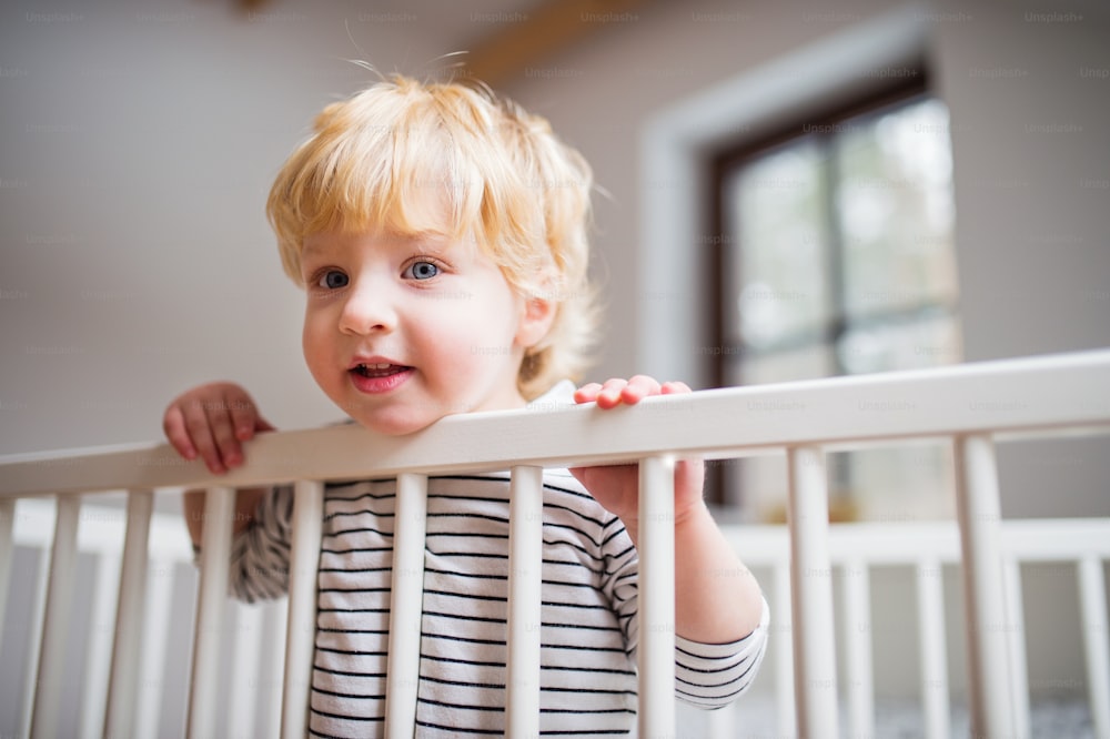 Cute happy toddler boy standing in a cot at home.